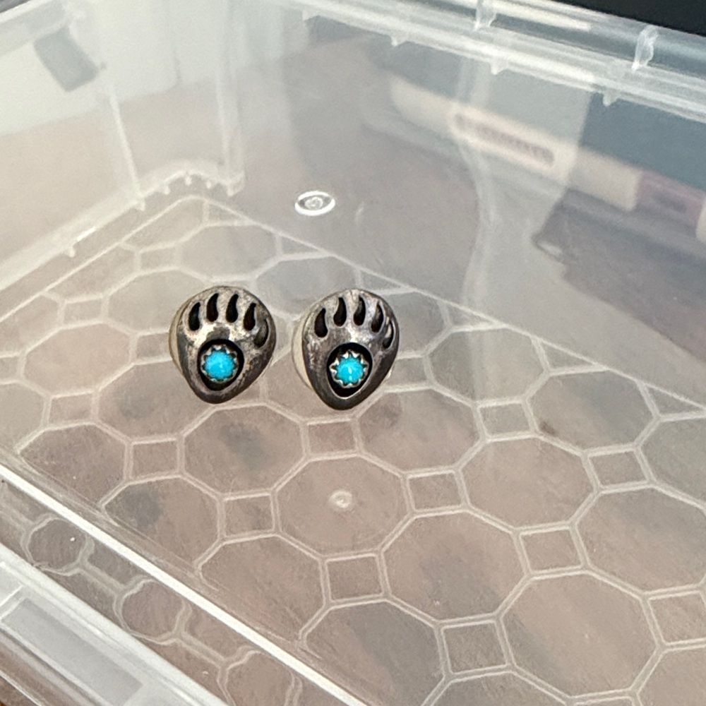 Silver Bear Paw Earrings with Turquoise Stone
